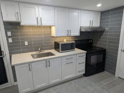 Kitchenette with stove, sink and microwave — Cozy Studio Near YUL