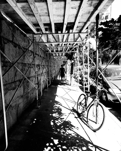 Scaffolding on a residential street in Pointe-Saint-Charles, Montreal