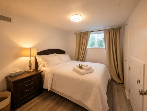 Bedroom with bed and bedside lighting — Cozy 1BR in Saint-Constant