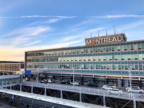 Modernist exterior of the Montreal-Trudeau Airport terminal at YUL