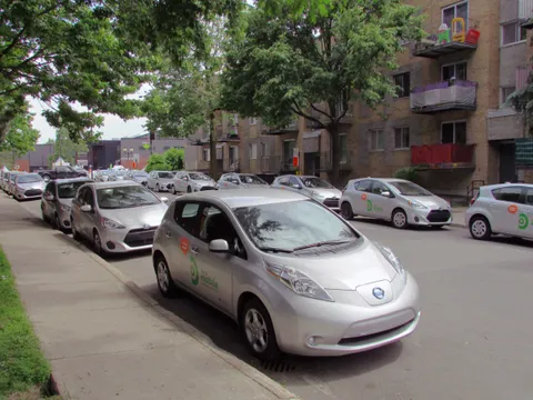 Electric car-sharing vehicles parked on a Montreal street