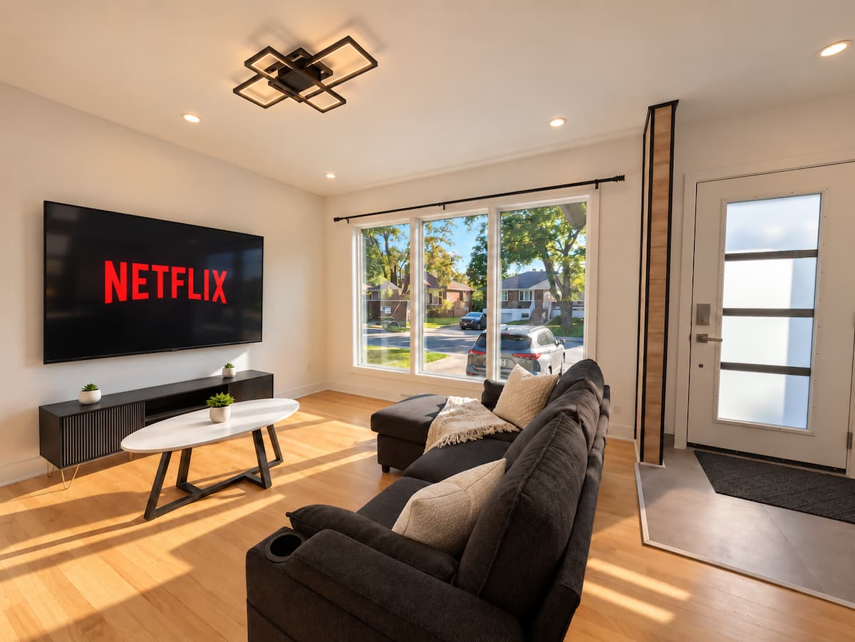 Living room with sectional sofa, television and large windows — Modern 3BR Spacious Home in Laval