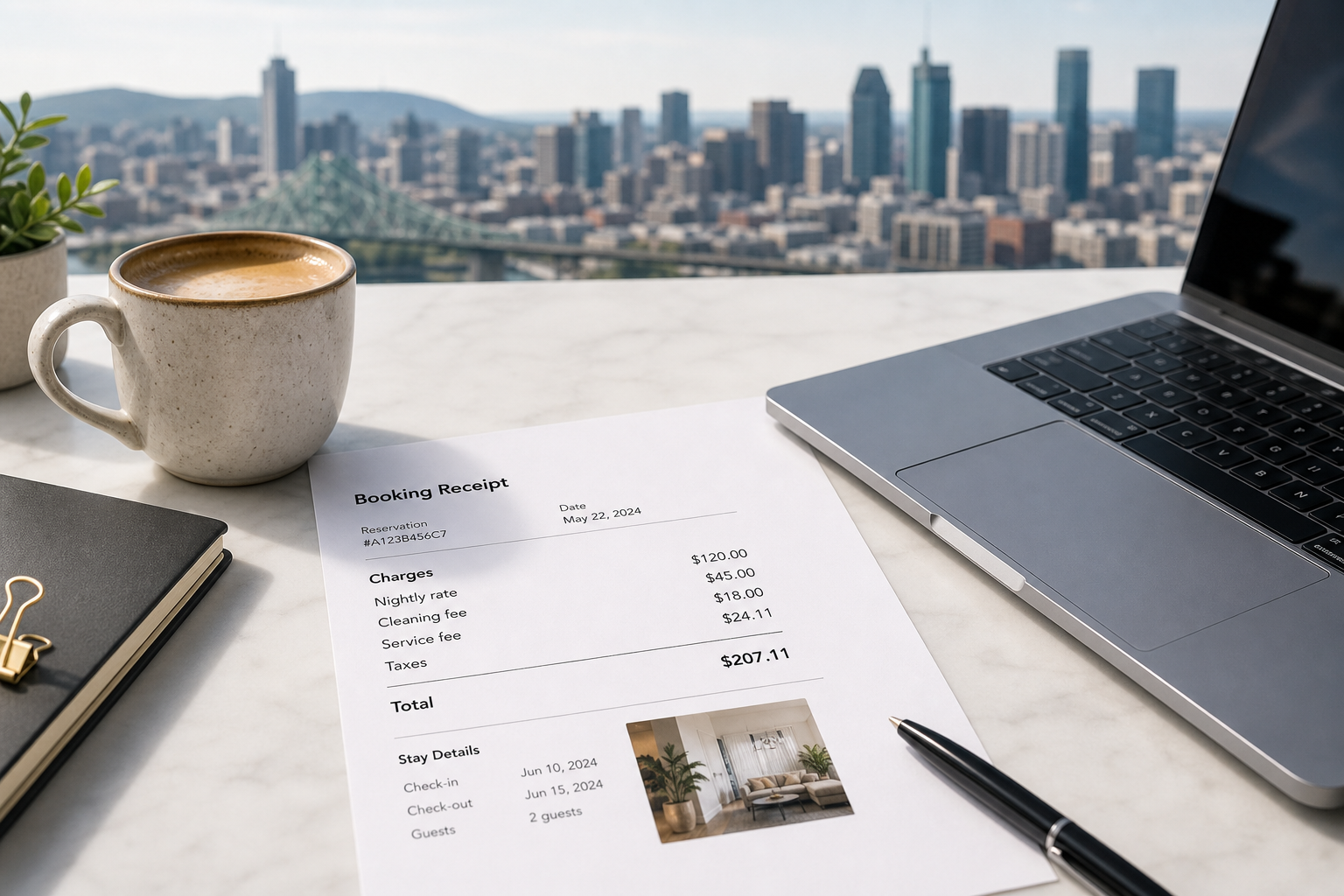 Booking receipt showing line items for nightly rate, cleaning fee, and taxes to highlight total price