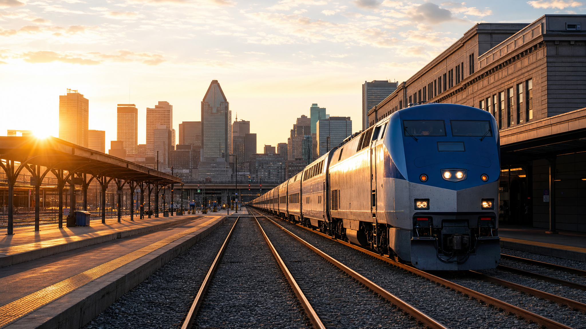 Passenger train departing Montreal Central Station at golden hour